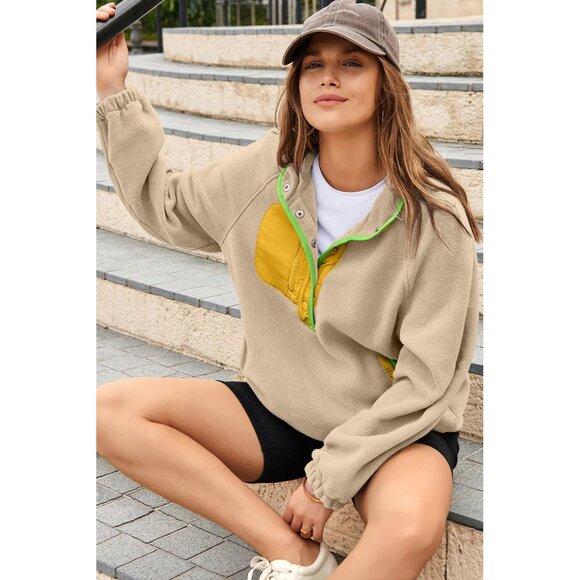 Women’s Oversized Fleece Sweatshirt Color Block Casual Pullover - Picture 4 of 6